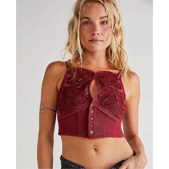 Free People Tops - Free People Have My Heart Lace Red Keyhole
Cropped Tank Top